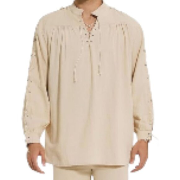 Mens Large Medieval Renaissance Lace-Up Linen Shirt Beige Long Sleeve Pirate - Picture 6 of 12